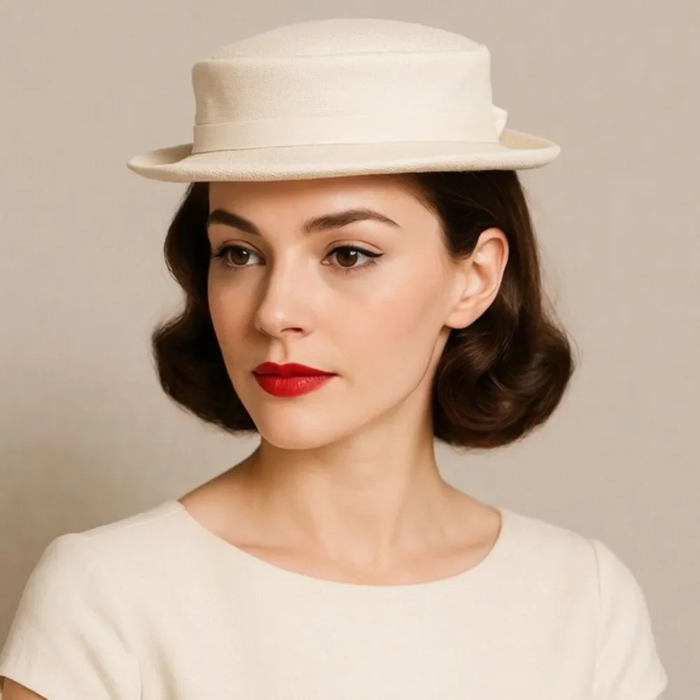Vintage 1950s Cream Straw Sailor Hat Antique Ivory Boater Skimmer W Bow Detail - Picture 1 of 12